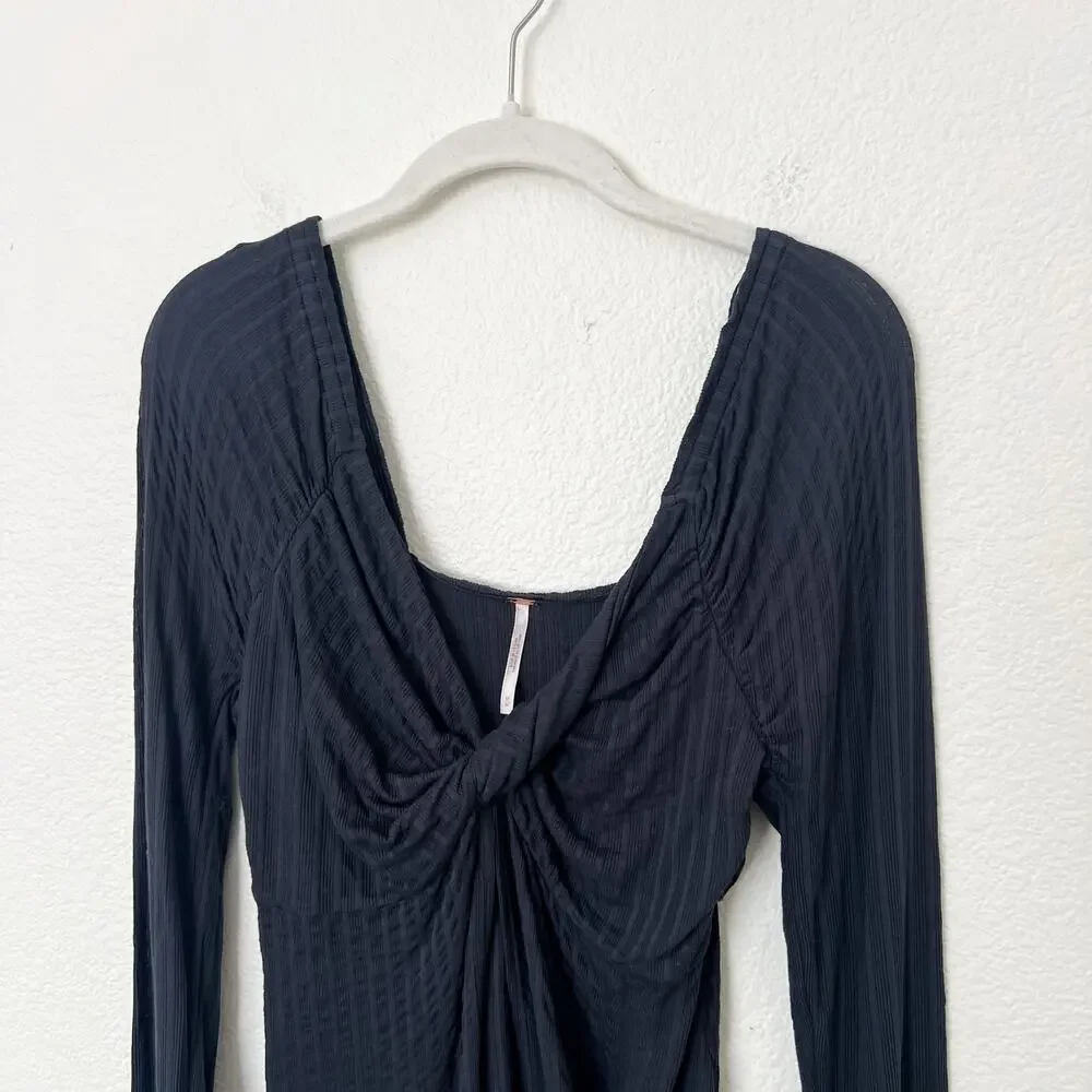 [Free People] Navy Blue Twisted Bust Open Front Slit Long Sleeve Top Sz Medium M